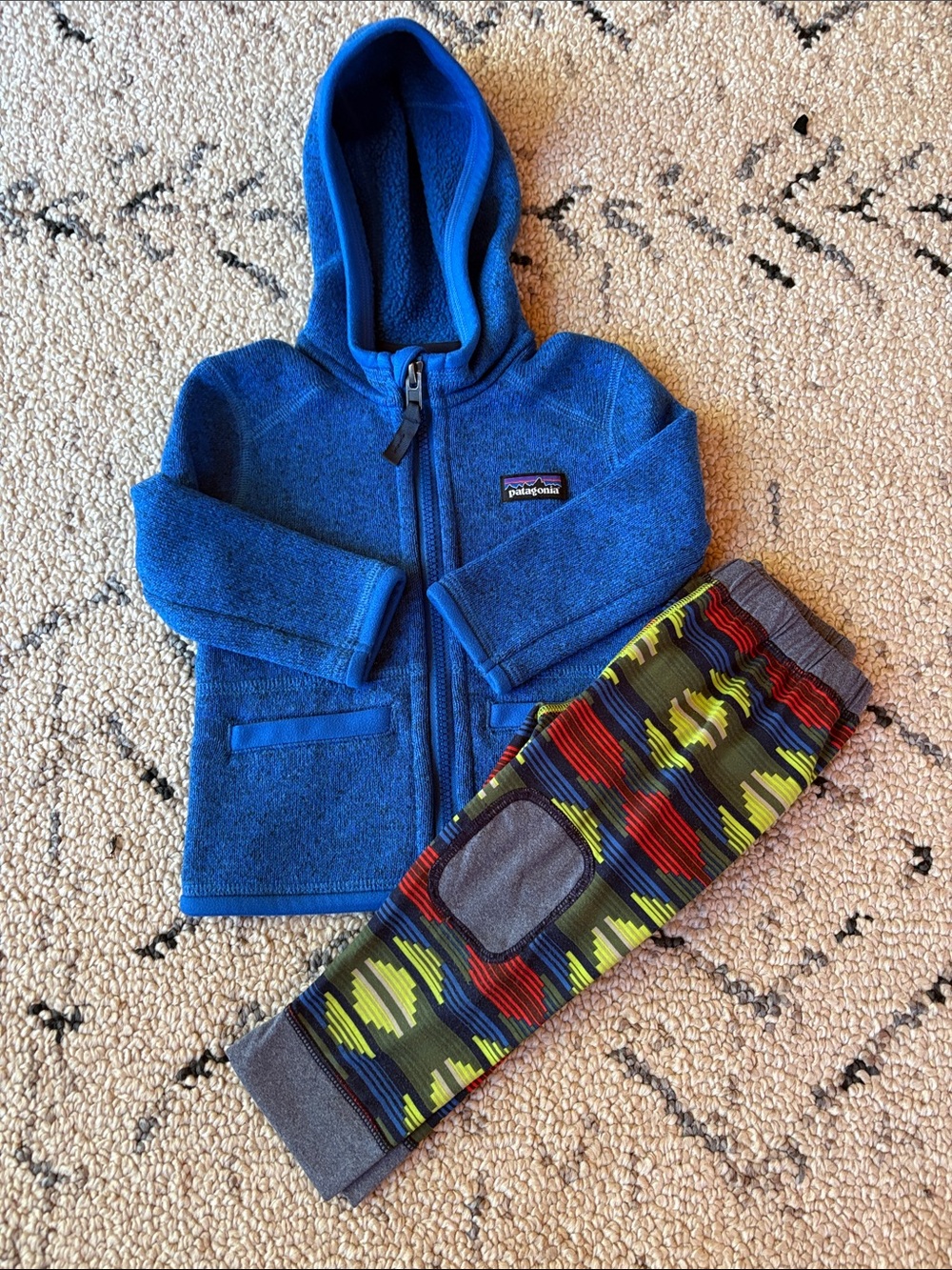 Patagonia Kids Royal Blue Hooded Fleece Jacket and  baseline pants 6-12m